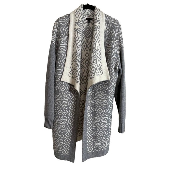 Talbots Open Front Cardigan Sweater White Gray‎ Aztec Print Size M - Picture 1 of 6